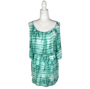 Bisou Bisou Green White Tie Dye Cold Shoulder Mini Dress Elastic Waist Size 8
